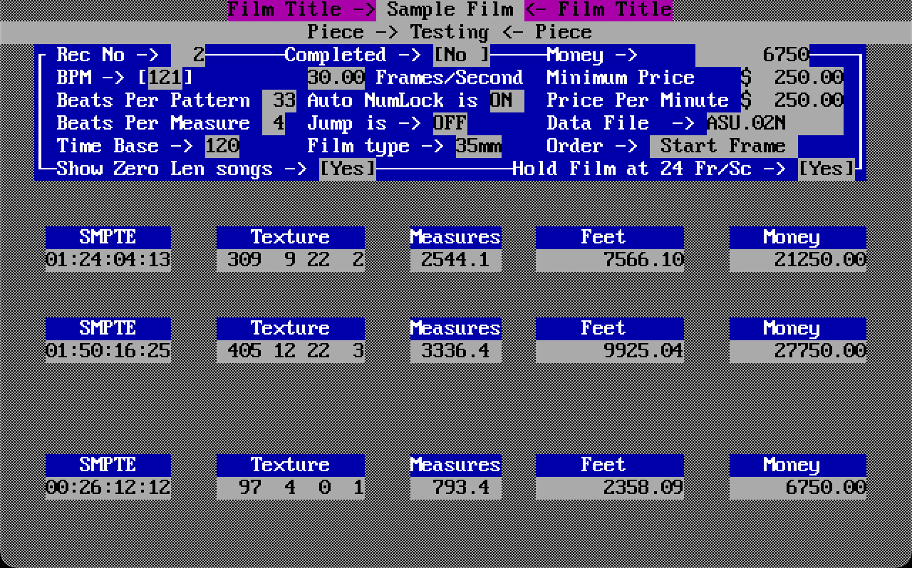 ASU Arranger's Scoring Utility DOS data screen showing SMPTE, Texture, Measures, Feet, and Money for a sample film