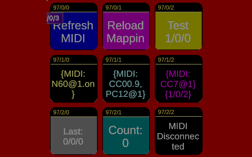 MIDI2Button's Bitfocus Companion button grid - Refresh MIDI, Reload Mapping, MIDI note and CC mapping buttons, and last-message and count feedback
