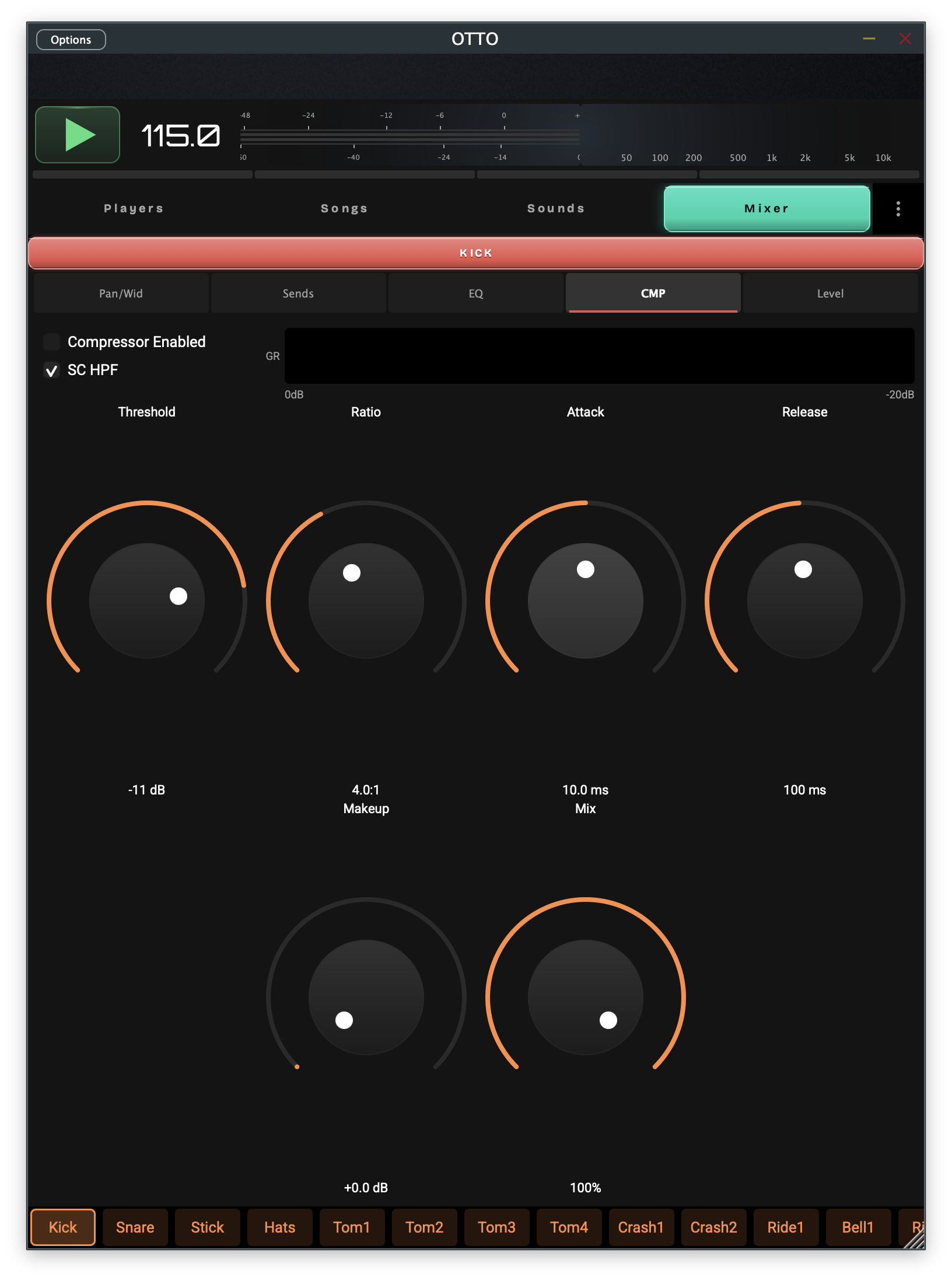 OTTO Mixer — per-channel compressor with threshold, ratio, attack, and release
