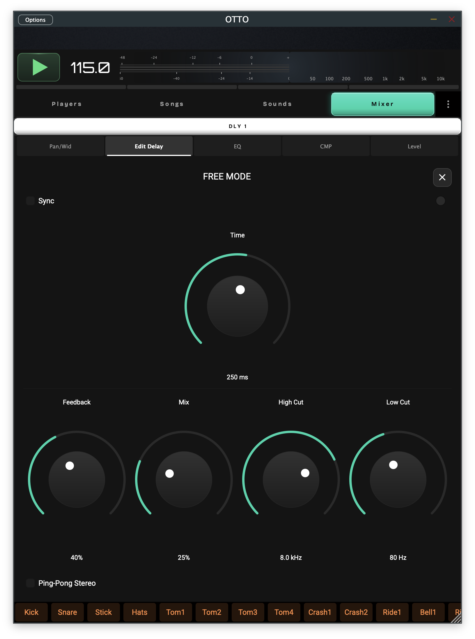OTTO Mixer — delay in free mode with feedback, mix, and high/low cut