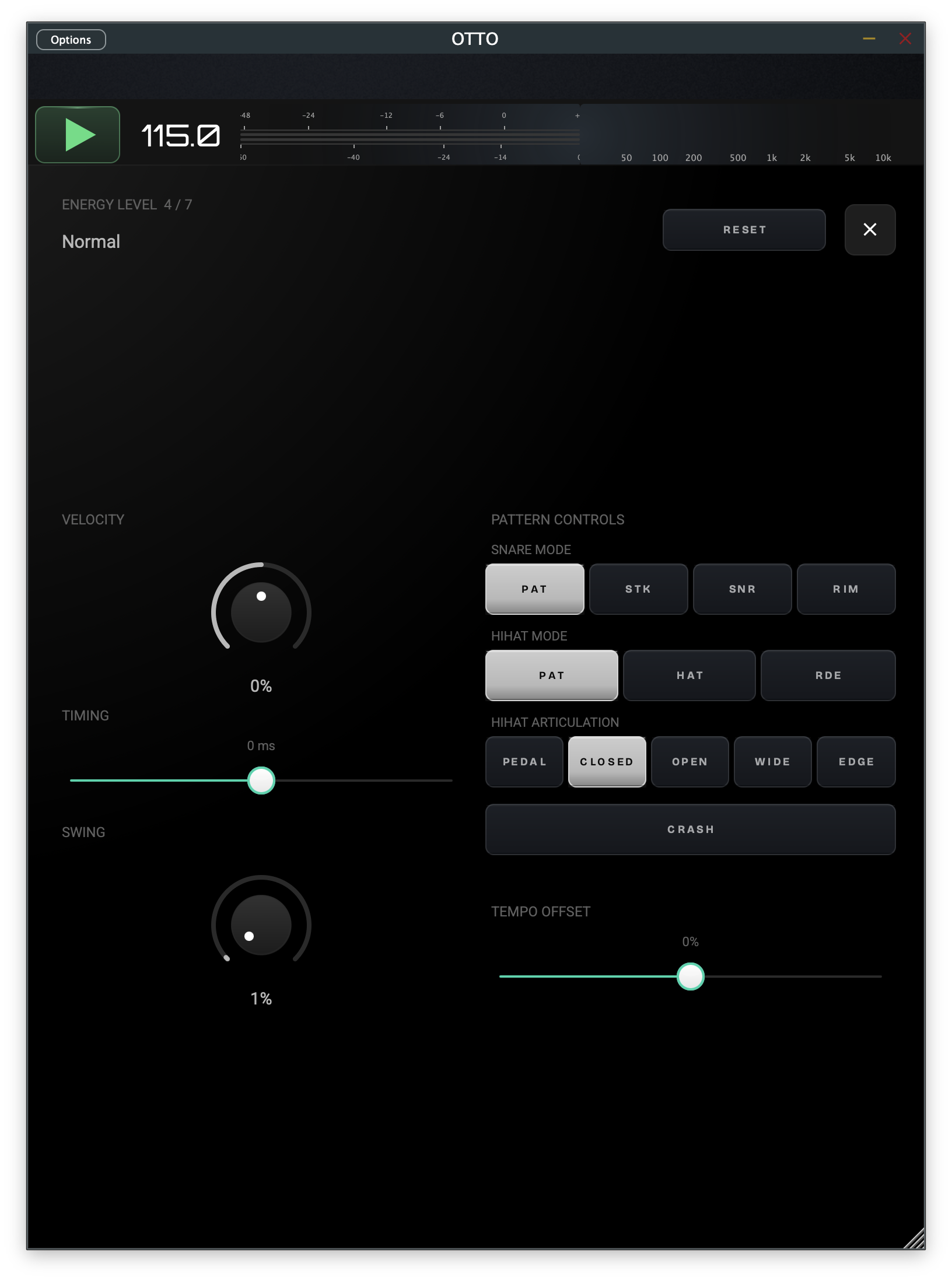 OTTO Energy Level editor — velocity, timing, swing, and per-element pattern controls