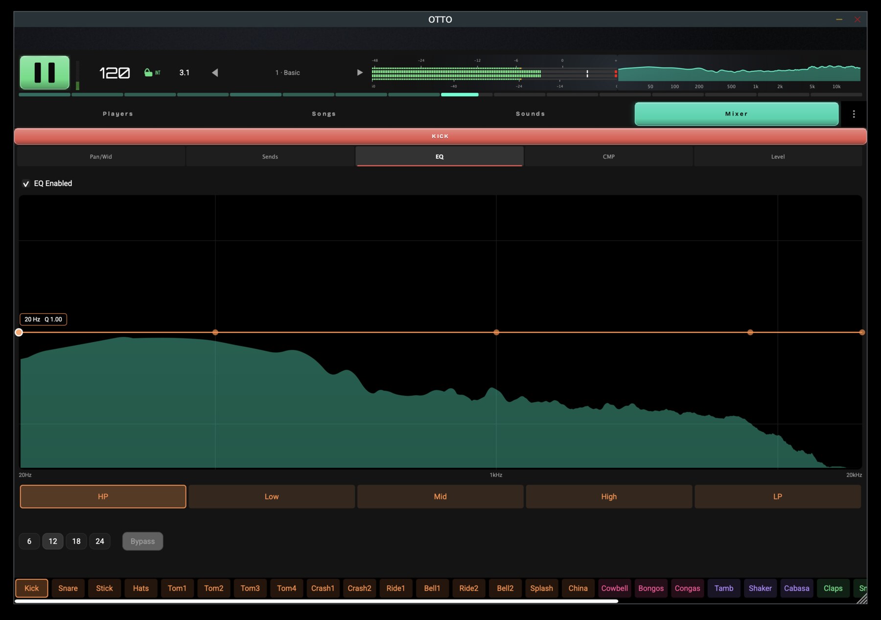 OTTO per-channel EQ: band handles laid over a live spectrum of the channel, with high-pass, low, mid, high and low-pass band selectors and a 6/12/18/24 dB-per-octave slope row beneath