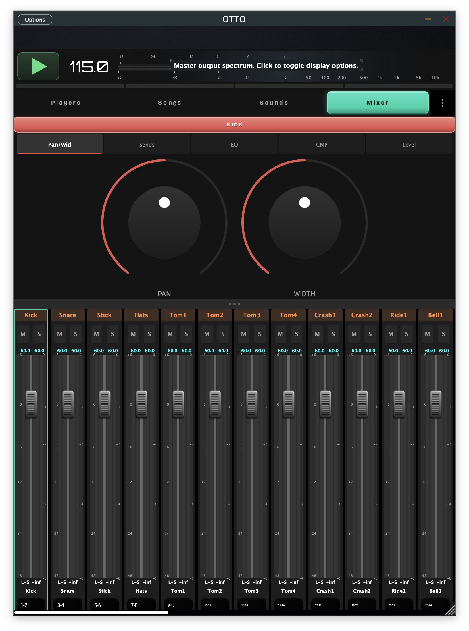 OTTO Mixer — channel faders with pan and width controls