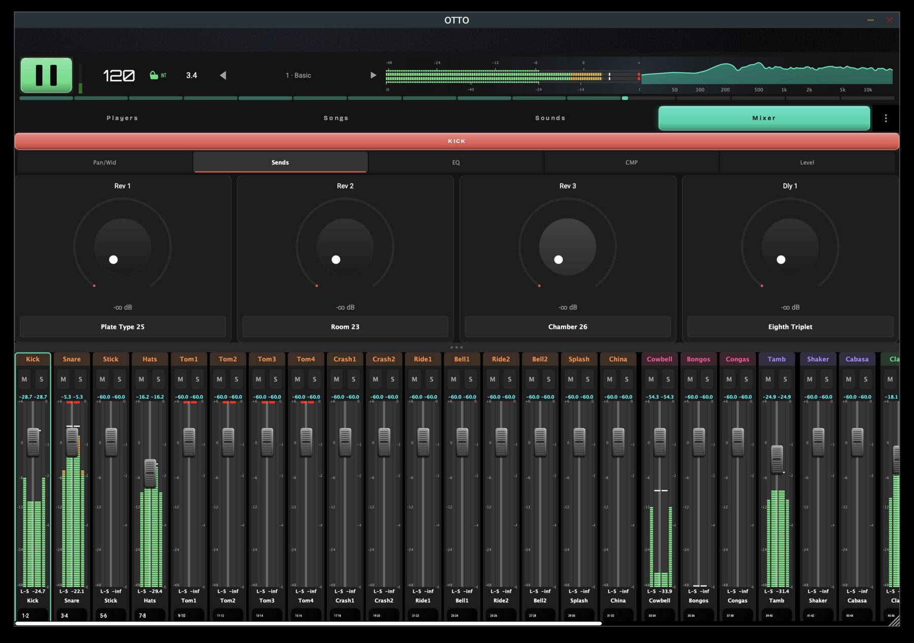 OTTO Mixer: four send returns across the top over a wide channel strip band with live meters, one channel per drum element