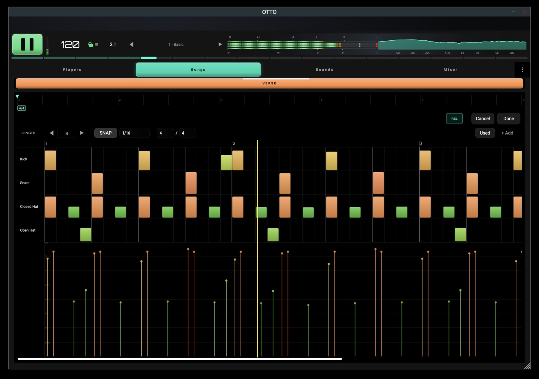 OTTO pattern editor: a note grid with rows for kick, snare, closed hat and open hat, and a velocity lane of coloured stems beneath it