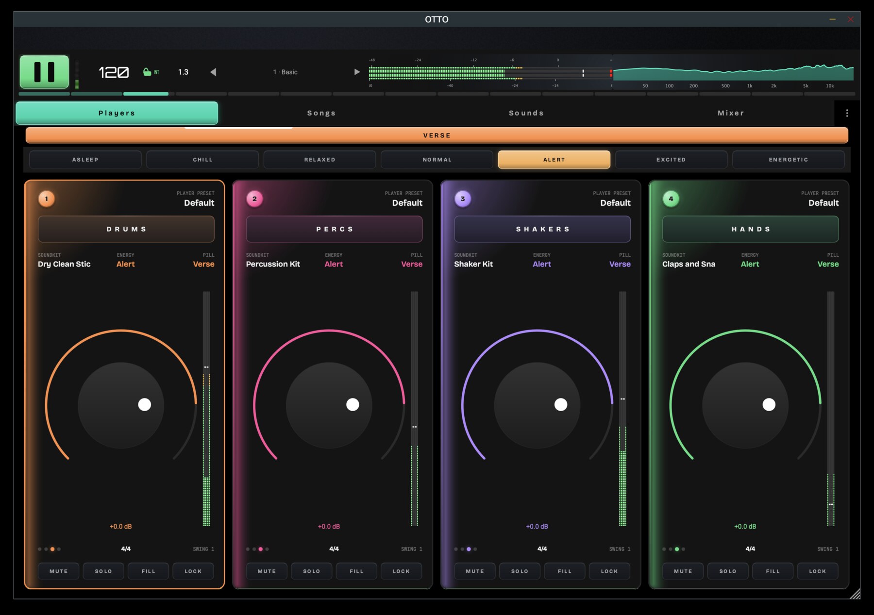 OTTO Players view - four player cards for Drums, Percs, Shakers and Hands, each with its own kit, energy level and gain