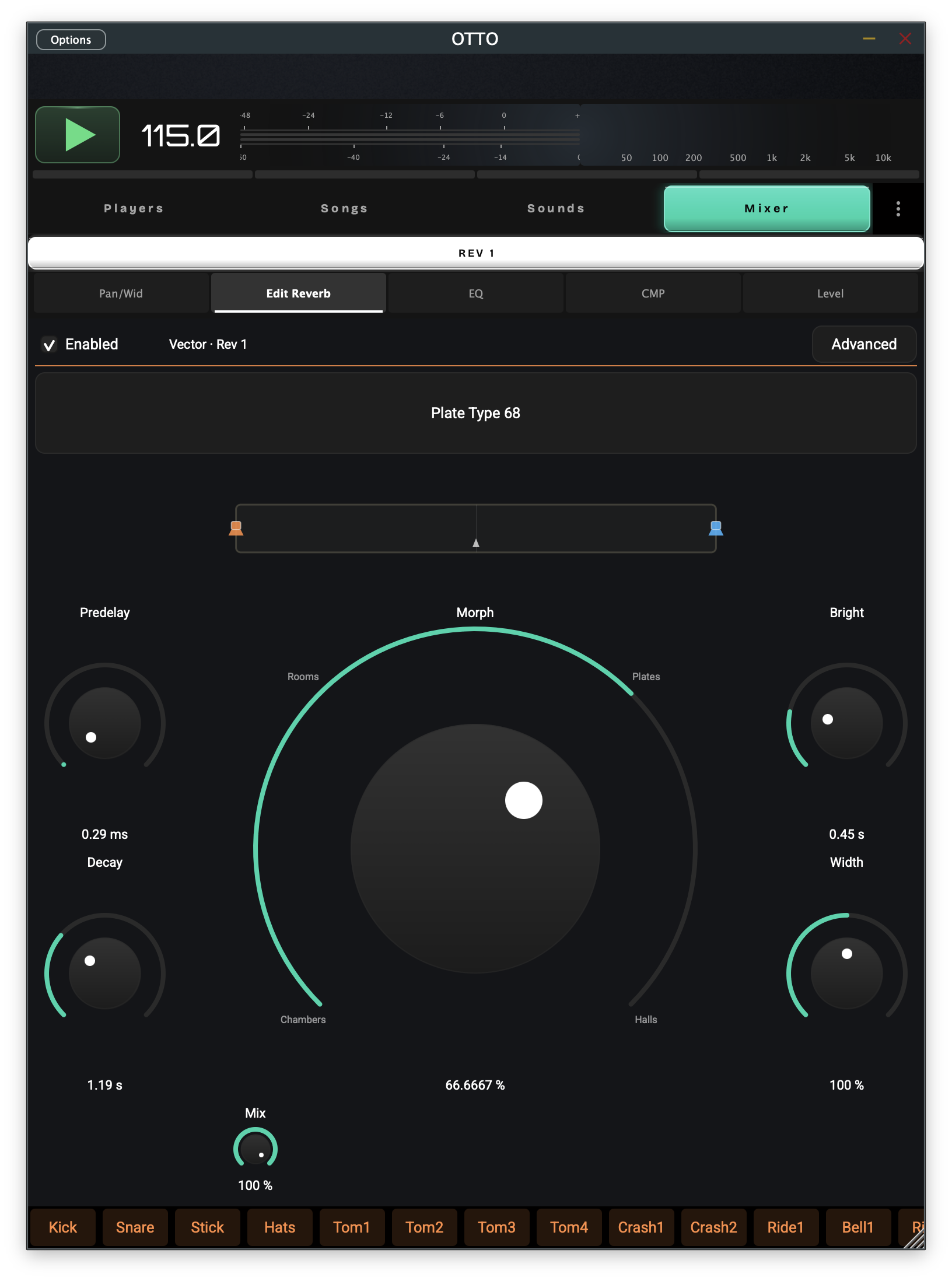 OTTO Mixer — vector reverb morphing between rooms, plates, chambers, and halls