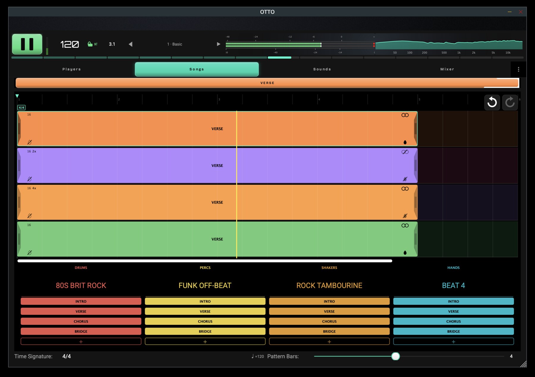 OTTO Songs view: an arrangement timeline with four coloured player lanes carrying Verse blocks, over a pattern grid holding 80s Brit Rock, Funk Off-Beat, Rock Tambourine and Beat 4
