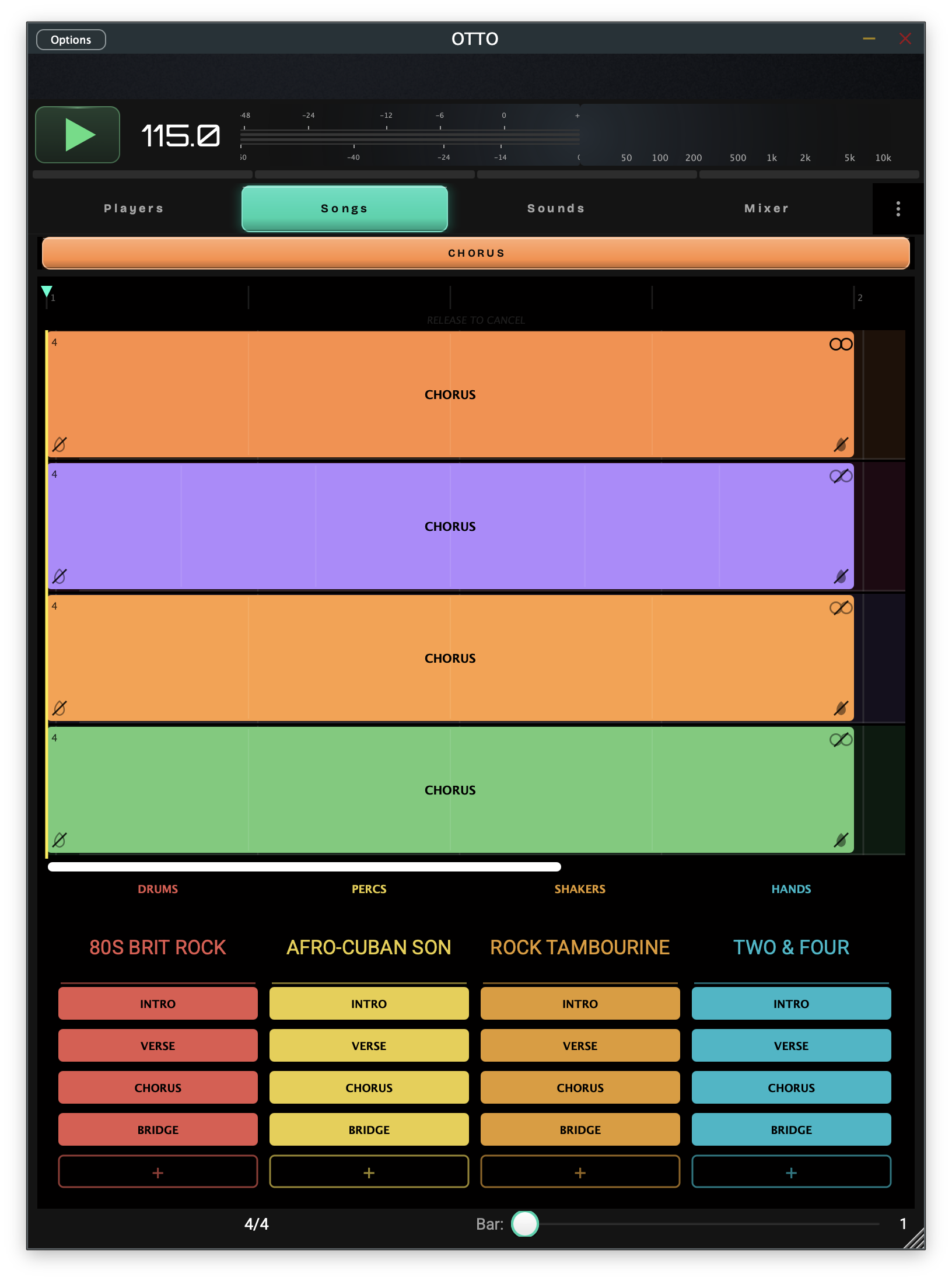 OTTO Songs view — arrangement timeline with per-player pattern columns and section roles