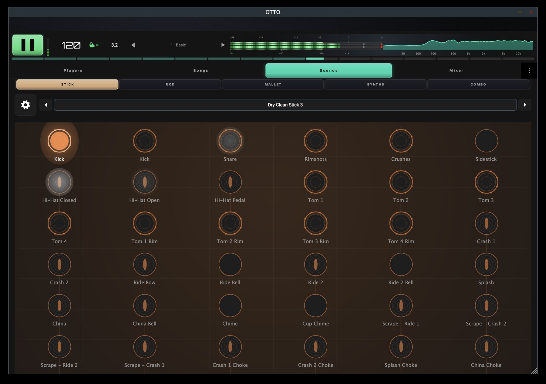 OTTO Sounds view: the Dry Clean Stick 3 kit as a grid of labelled pads, from kick and snare through toms, rides, crashes and chokes