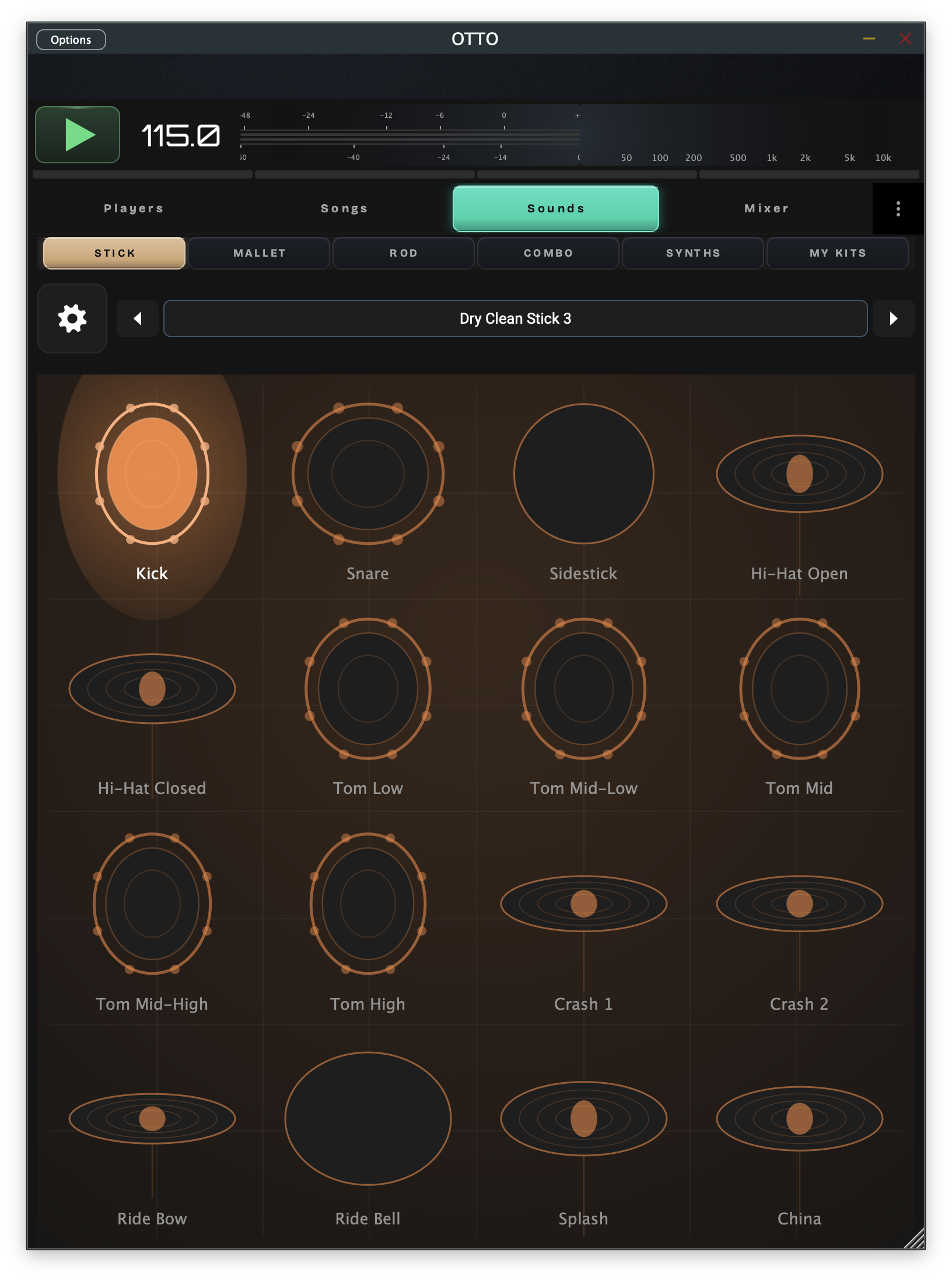 OTTO Sounds editor — drum kit pad grid with per-element articulations