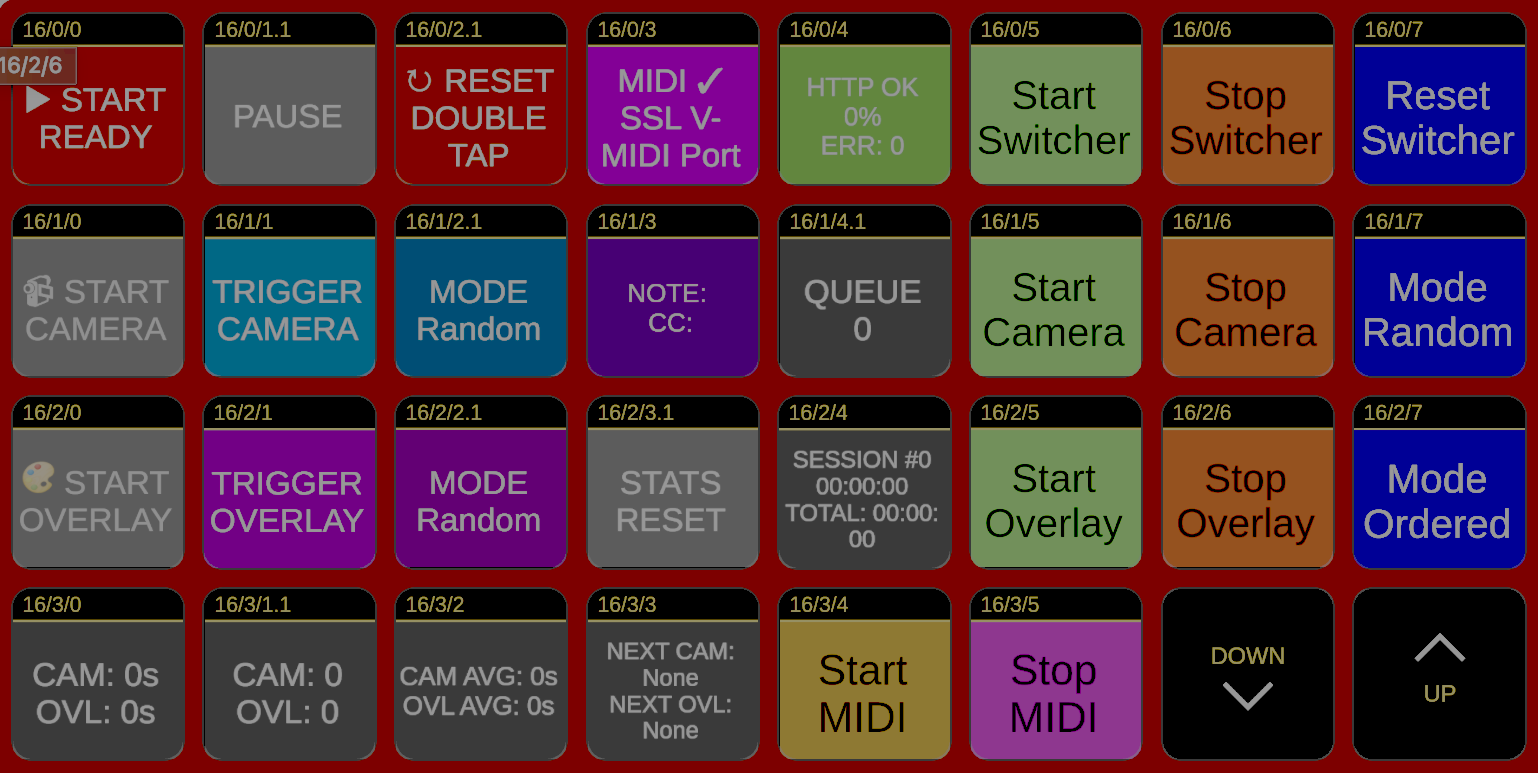 ShowSwitcher's Bitfocus Companion button grid - Start/Stop/Reset Switcher, camera and overlay triggers, random and ordered modes, MIDI and session controls