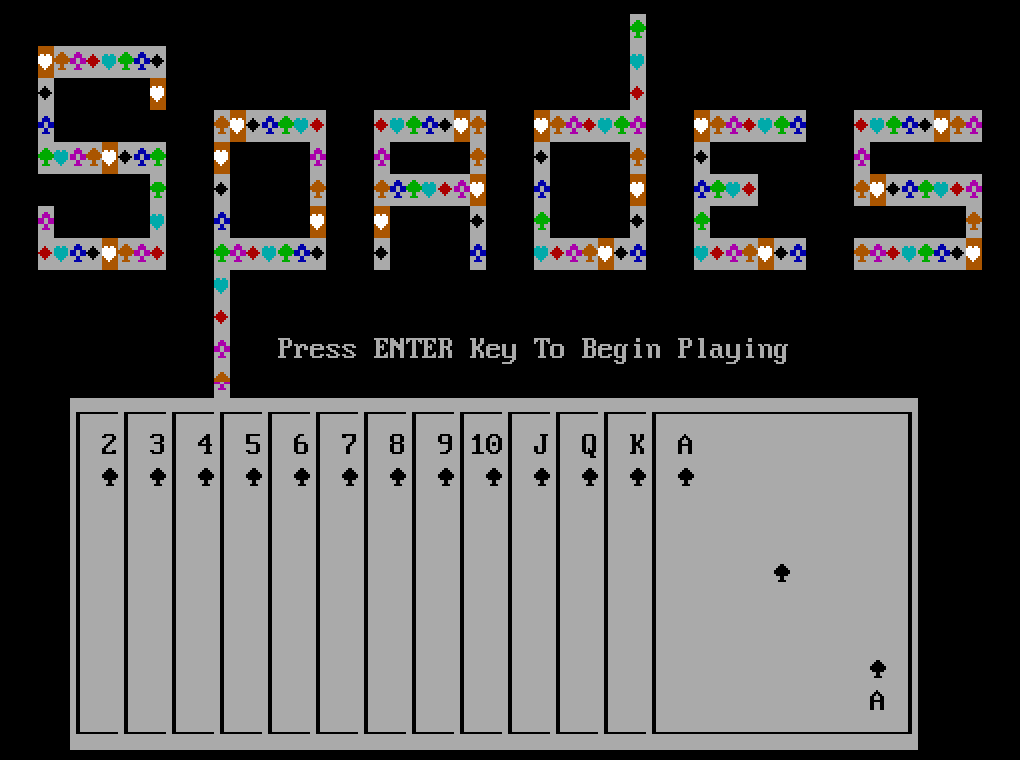 Spades DOS title screen with colorful logo and a hand of spade cards