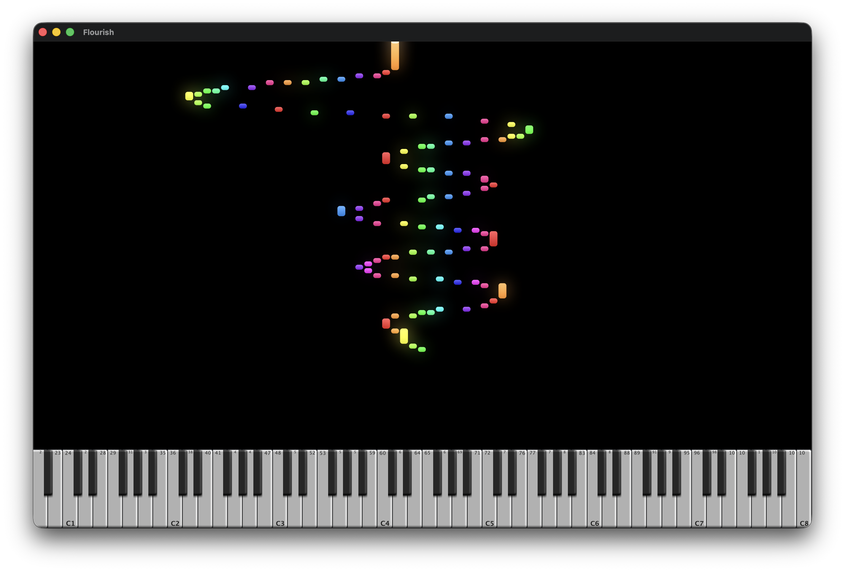 Sparks of Light visualizer rendering colorful note particles drifting toward the on-screen 88-key piano