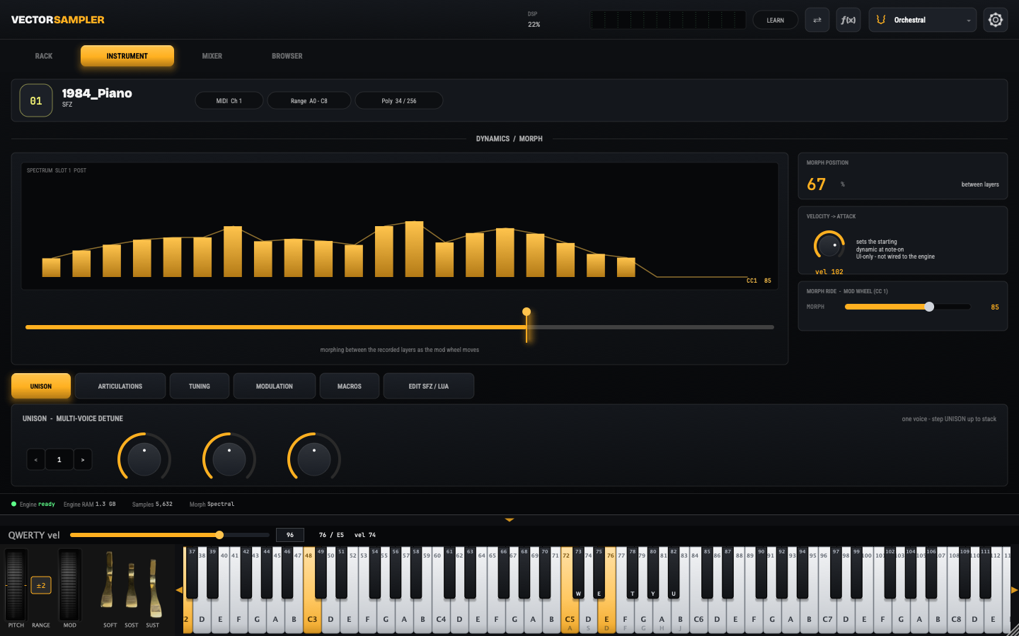 VectorSampler Instrument view - the Dynamics / Morph spectrum with a mod-wheel morph slider between recorded layers, morph position and velocity-to-attack readouts