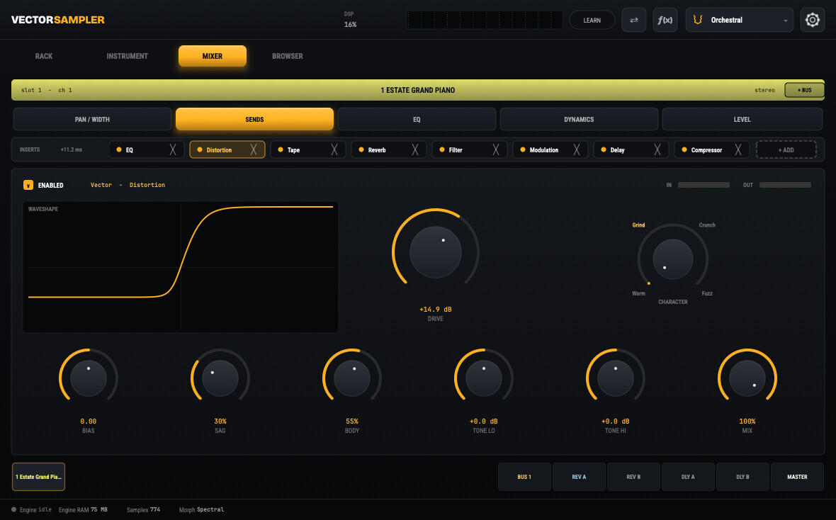 VectorDist running as an insert in VectorSampler: the waveshaping curve on the left, a large drive control, and the CHARACTER knob sweeping from Grind through Crunch and Warm to Fuzz