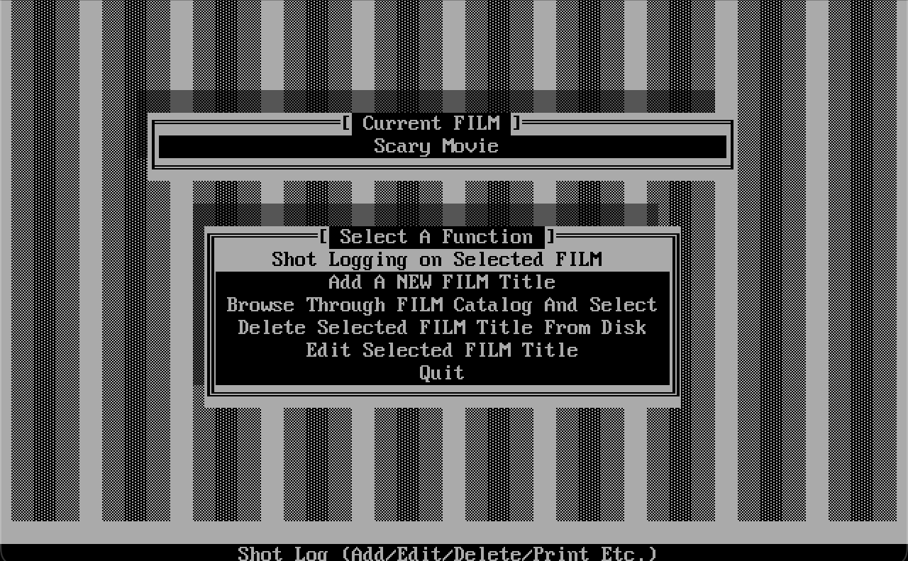 XREF Film Conforming Cross Referencing Program DOS menu showing Current FILM Scary Movie and Select A Function shot-logging options